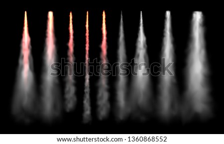Rockets tracks. Space rocket launch smoke, plane jets track and aircraft smoke cloud. Aviation jet fly or spaceship sky air tracks steam. 3D realistic vector isolated sign set