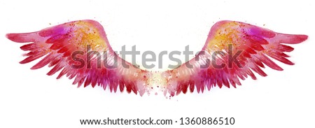 Beautiful magic red pink watercolor wings, symbol of freedom