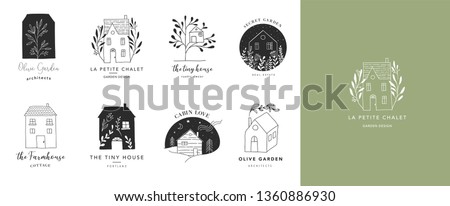 Collection of the hand drawn home, house logos, icons, gardens and cabins. Vector illustrations