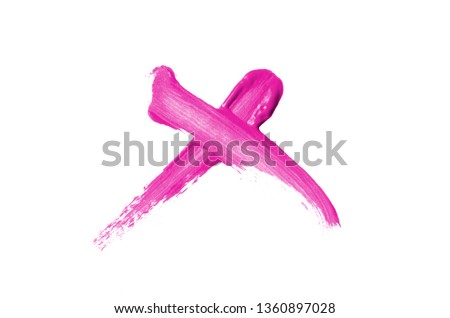 Bright liquid lipstick smear in the form of a check mark isolated on a white background. Cosmetic product stroke. Yes sign for checkbox. Pink color