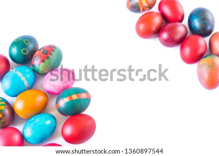 Colorful easter eggs isolated on white background with place for text