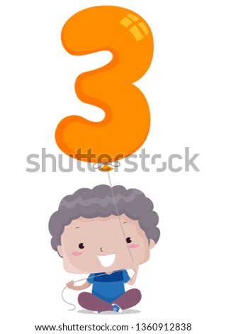 Illustration of a Kid Boy Sitting Down and Holding a Balloon Shaped as Three