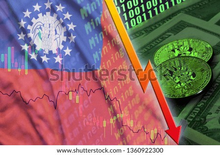 Myanmar flag and cryptocurrency falling trend with two bitcoins on dollar bills and binary code display
