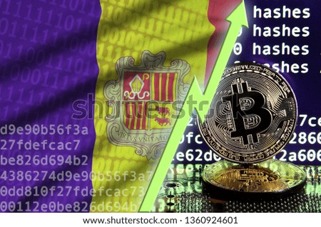 Andorra flag and rising green arrow on bitcoin mining screen and two physical golden bitcoins