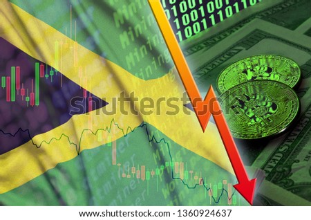 Jamaica flag and cryptocurrency falling trend with two bitcoins on dollar bills and binary code display