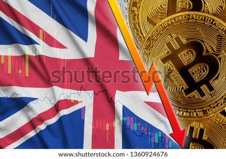Great britain flag and cryptocurrency falling trend with many golden bitcoins