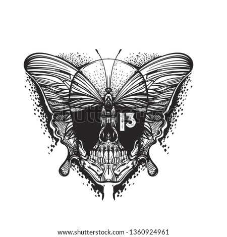 Skull with butterfly in linear style on a white background.