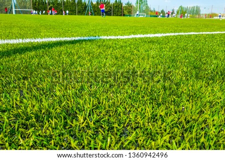 Artificial turf football pitch with white line outside vertically