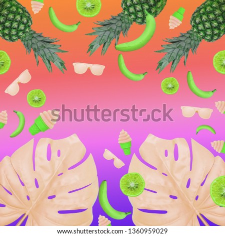 Contemporary art collage of monstera leaves, ice cream, bananas, sunglasses and pineapples. Neon background with gradient colors 