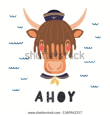 Hand drawn vector illustration of a cute yak sailor, with sea waves, lettering quote Ahoy. Isolated objects on white background. Scandinavian style flat design. Concept for children print.