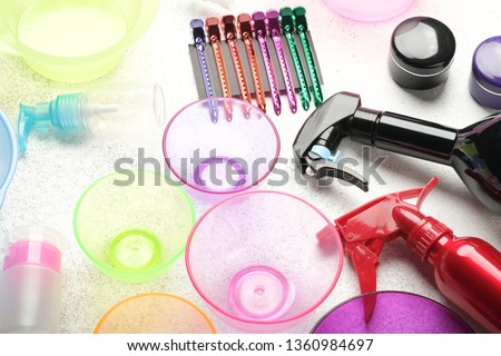 Seth accessories for a beauty salon on a light background top view copy space.
