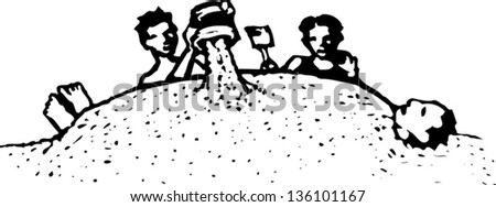 Black and white vector illustration of children playing on the beach