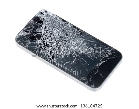 Modern mobile smartphone with broken screen isolated on white background.