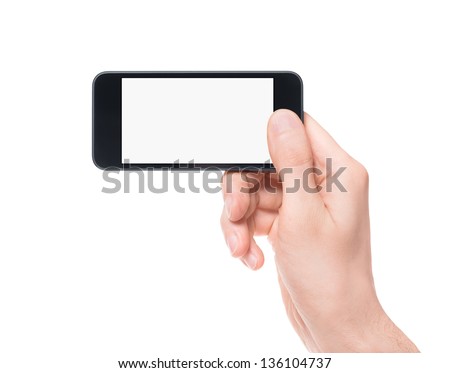 Hand holding mobile smartphone with blank screen. Mobile photography concept. Isolated on white.