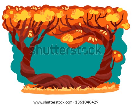 Curly trees, fabulous tvola with leaves, large foliage, frame for design. Cartoon drawn park. Vector illustration of nature.