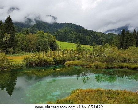 Kranjska Gora Zelenci park. Lake Zelenci in Slovenia. Forest and fields behind the lake. Picture was taken on 20th of August 2018.