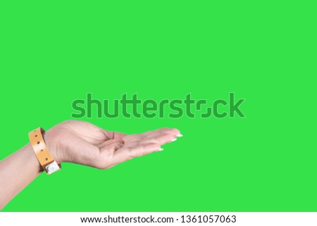 Closeup view of female hand wearing brown entrance wristband of hotel resort or entertainment park. Hand in gesture with empty palm isolated on green chromakey background. Horizontal photography.