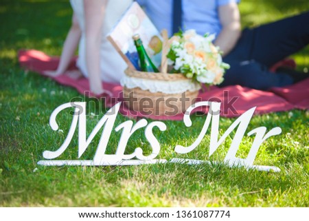 Family picnic with a basket of fruit and a bottle of champagne, in the foreground are the letters symbolizing the family.
