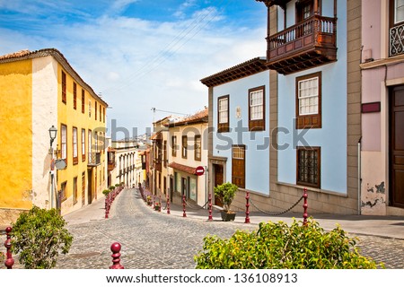 Old street in la Orotava, Tenerife, Canary Islands. Spain. Royalty-Free Stock Photo #136108913