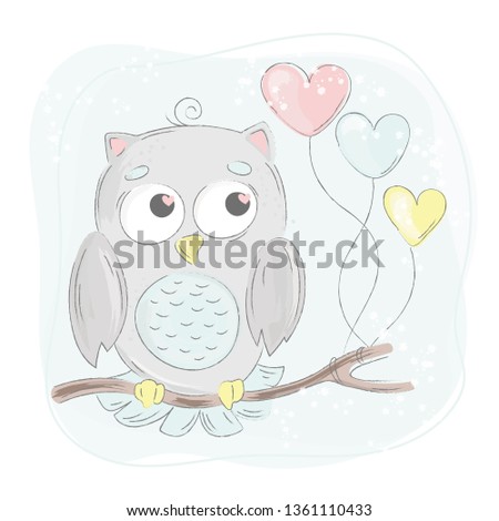 LOVE OWL an offset owl is sitting astride a tree branch and heart-shaped balloons soar next to it