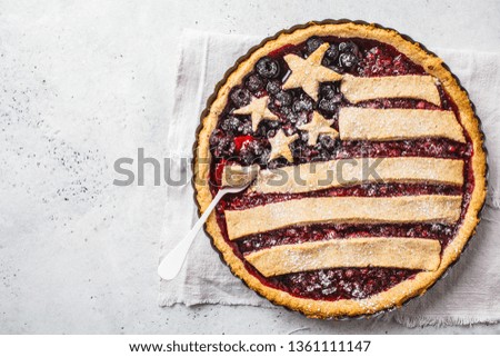 American flag berry pie, copy space. Independence Day of America concept.