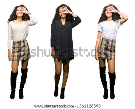 Collage of young woman over isolated white background doing ok gesture with hand smiling, eye looking through fingers with happy face.