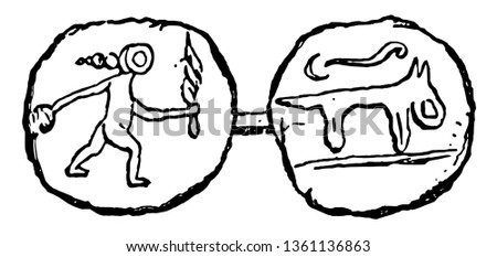Roman coin with human figure on one side and animal shape on the back, vintage line drawing or engraving illustration.