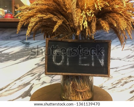 Open word in blackboard hanging with pot of dry cereal spikes.
