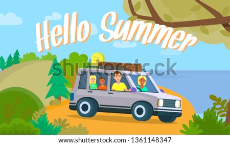 Hello Summer Square Banner. Vacation Drive Trip by Car. Family Traveling on Transport Vehicle with Luggage Suitcases and Trunks at Roof. Parents with Son and Daughter. Cartoon Flat Vector Illustration