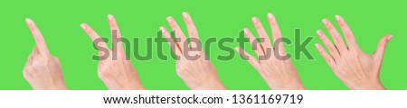 Closeup of isolated female hand counting from 1 to 5. Woman shows one, two, three, four, five fingers. Manicured nails painted with beautiful pastel pink polish. Math concept. Collage photography.
