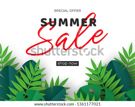 Summer sale banner with exotic jungle tropical palm leaves on white background. Template for seasonal discounts. Vector illustration.