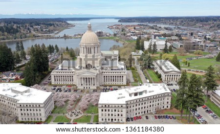 Aerial Perspective Over Spring Cherry Blossoms at the Washington State Capital building in Olympia