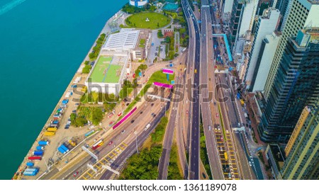 Aerial bird eye view Photography viewpoint urban landscape traffic at Victoria harbour in Hong Kong