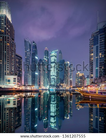 Cityscape of many skyscrapers in Dubai city at popular residential part of town known as Marina.
