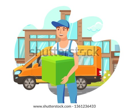 Home Parcel Shipping Flat Vector Illustration. Happy Courier Holding Ordered Product Cartoon Character Isolated on White Background. Express Van Shipping Concept, Cargo Design Element