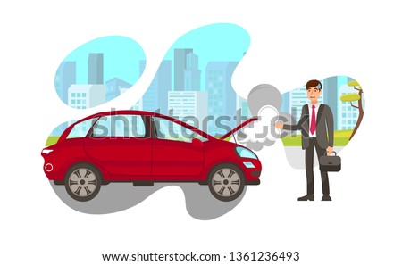 Car Steaming on Road Flat Vector Illustration Vehicle with Open Hood. Upset Man with Briefcase Standing at Broken Auto Isolated Cartoon Drawing. Automobile Service. Transport Breakdown Repair