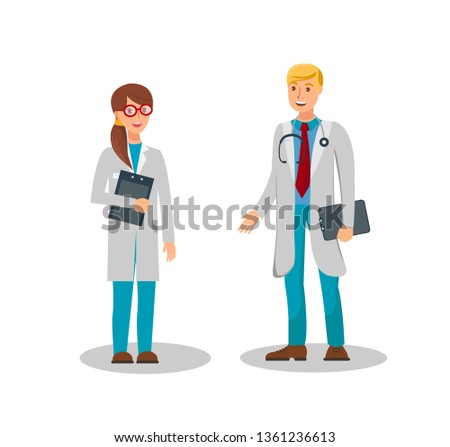 Medical Workers Color Vector Illustration. Young Man with Stethoscope, Woman with Clipboard. Therapists, Physicians, Surgeons, Pediatricians Isolated Cartoon Characters Set. Hospital, Clinic Staff