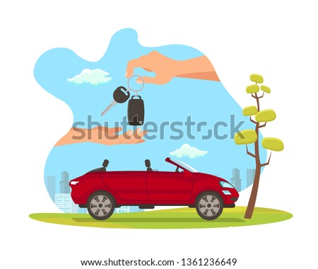 Red Car Sale Flat Cartoon Vector Illustration. Hand Gives Automobile Keys Isolated Design Element. Vehicle Rental. Car-Sharing Services. Red Cabriolet Purchasing. Retail, Commerce, Auto Leasing