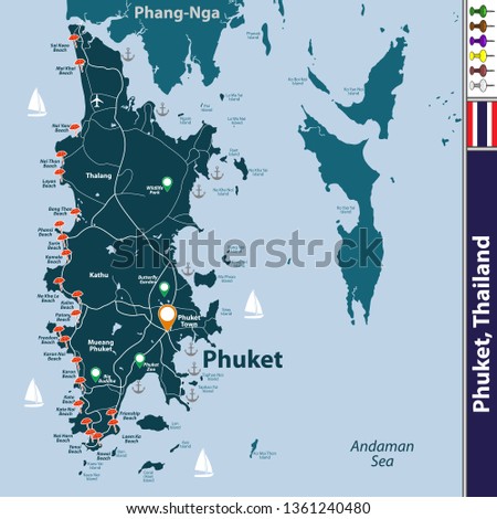 Vector of Phuket Province, Thailand. Map contains Phang-Nga island, roads and beaches icons Royalty-Free Stock Photo #1361240480