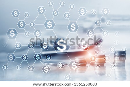 Dollars icons on abstract business background. Investment concept. Coins airplane calculator on virtual screen.
