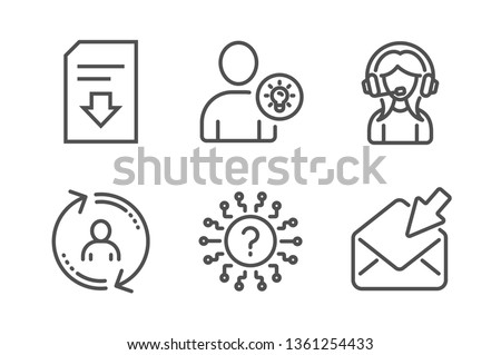 Support, User idea and Download file icons simple set. User info, Question mark and Open mail signs. Call center, Light bulb. Technology set. Line support icon. Editable stroke. Vector