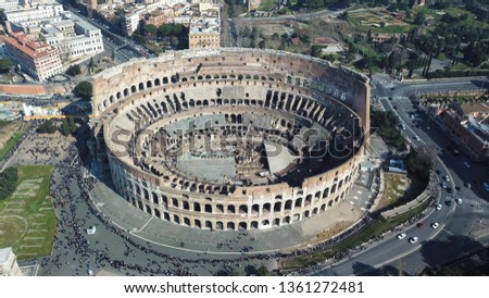 Picture from the sky of colosseum in Rome  on 2019 , people is making a long line of 4 hours to get inside , it was a Sunday then the entrance was free for all the people
