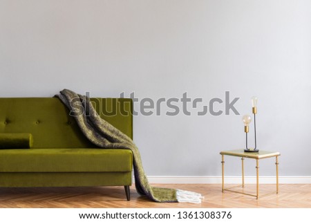Minimalistic and luxury grey home interior with green velvet design sofa,blanket, gold coffe table with table lamp. Copy space for inscription, mock up poster. Empty wall. Brown wooden parquet.