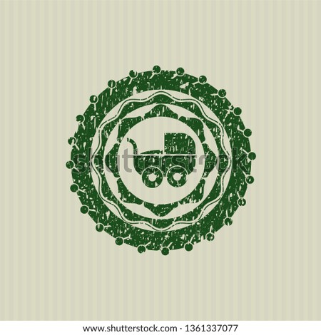 Green baby cart icon inside distressed rubber grunge texture stamp