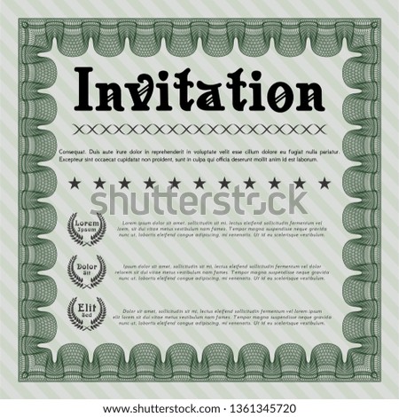 Green Formal invitation. With guilloche pattern and background. Vector illustration. Retro design. 