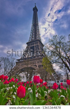 Eiffel tower with spring flowers greenery foliage dramatic blue sky scattered clouds and leafless branches. march april in paris. warm summer mood. sunny bright sky background. golden eiffel. 