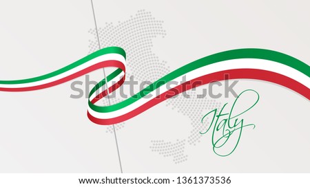 Vector illustration of abstract radial dotted halftone map of Italy and wavy ribbon with Italian national flag colors for your design