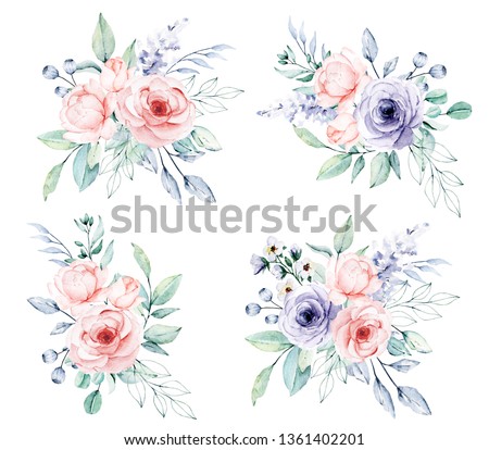 Watercolor flower set,  bouquets. Floral clip art. Perfectly for print on wedding invitation, greeting card, wall art, stickers and other. Isolated on white background. Hand paint design. 