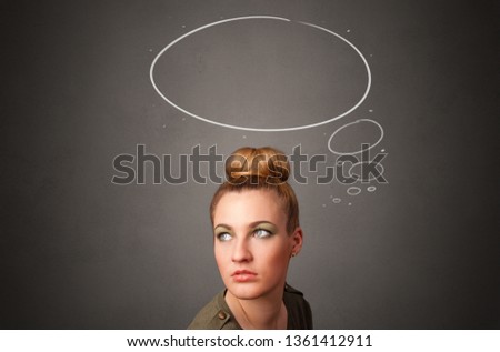 Pretty girl thinking with speech bubble above her head   