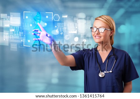 Doctor touching virtual screen with biology and genetic concept